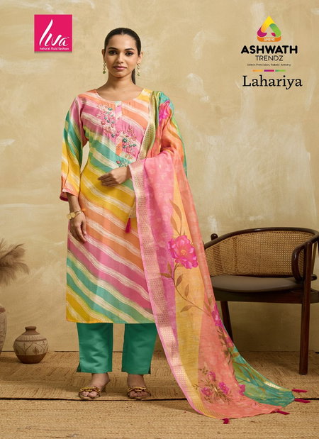 At Lahariya Saffron Silk Foil Kurti With Bottom Dupatta Wholesale Online
